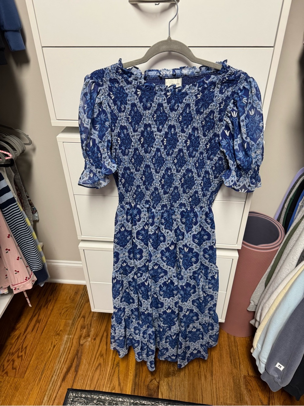 Ivy City Co Blue Floral Smocked Midi Dress with Puff Sleeves